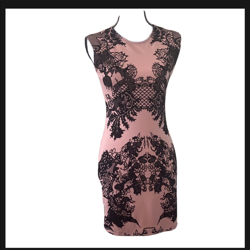 New Eyn Pink And Black Tattoo Printed Body con Sleeveless Mini Dress